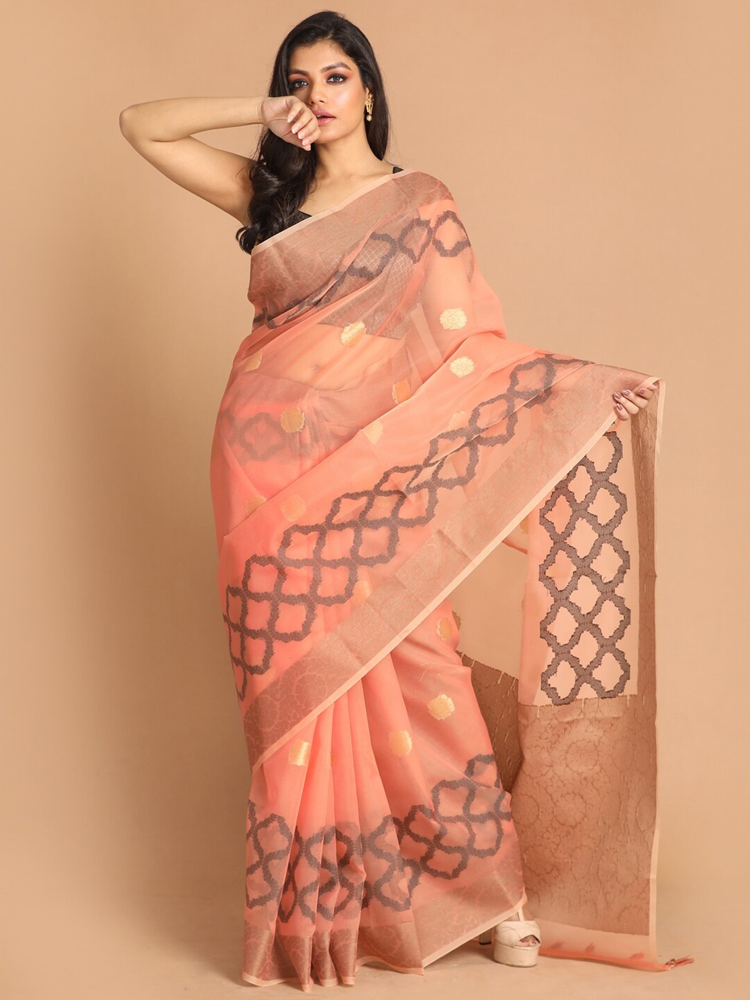 

Indethnic Peach-Coloured & Grey Woven Design Zari Organza Banarasi Saree