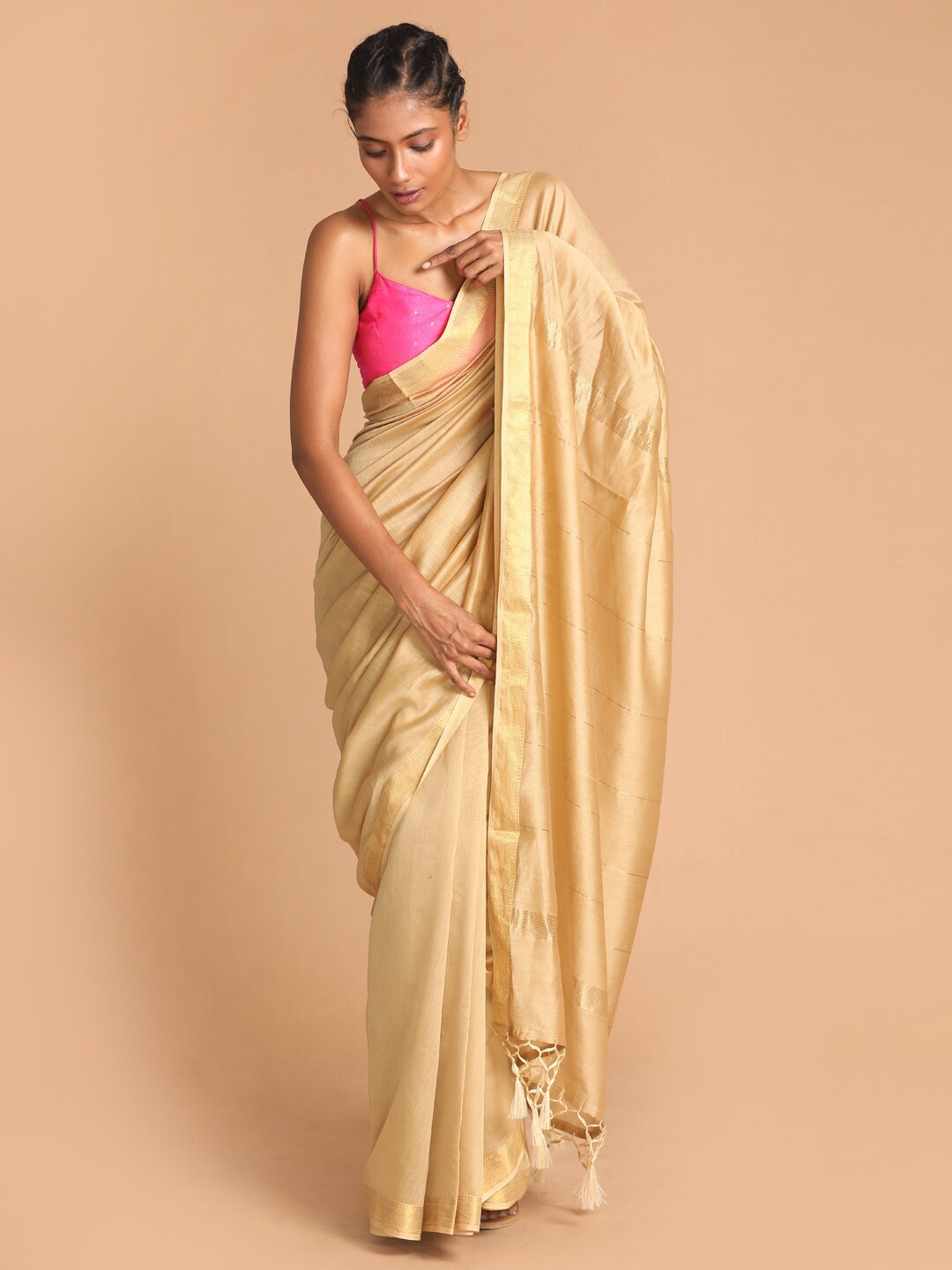 

Indethnic Beige & Gold-Toned Zari Silk Cotton Banarasi Saree
