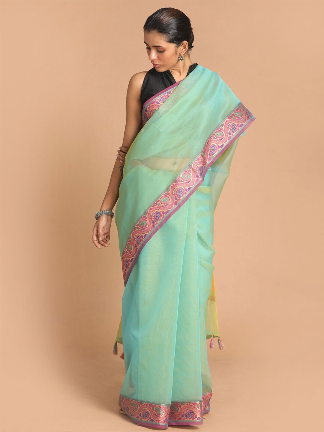 

Saranee Sea Green & Pink Zari Tissue Banarasi Saree