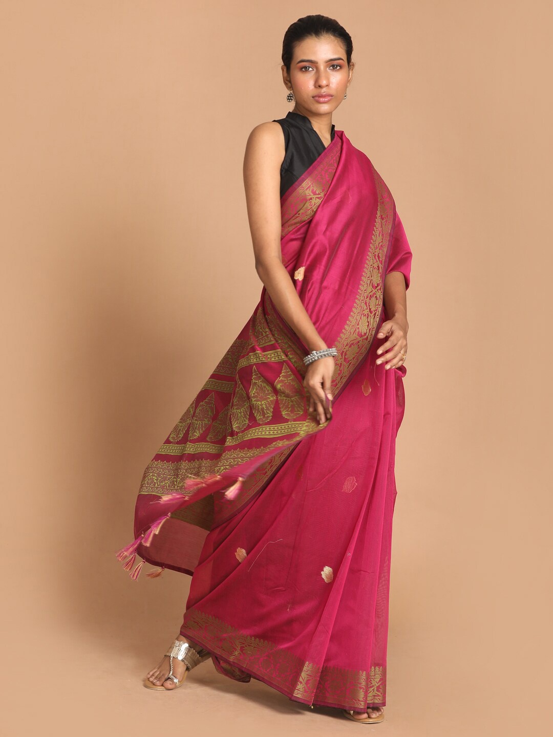 

Indethnic Magenta & Tan Woven Design Zari Banarasi Saree