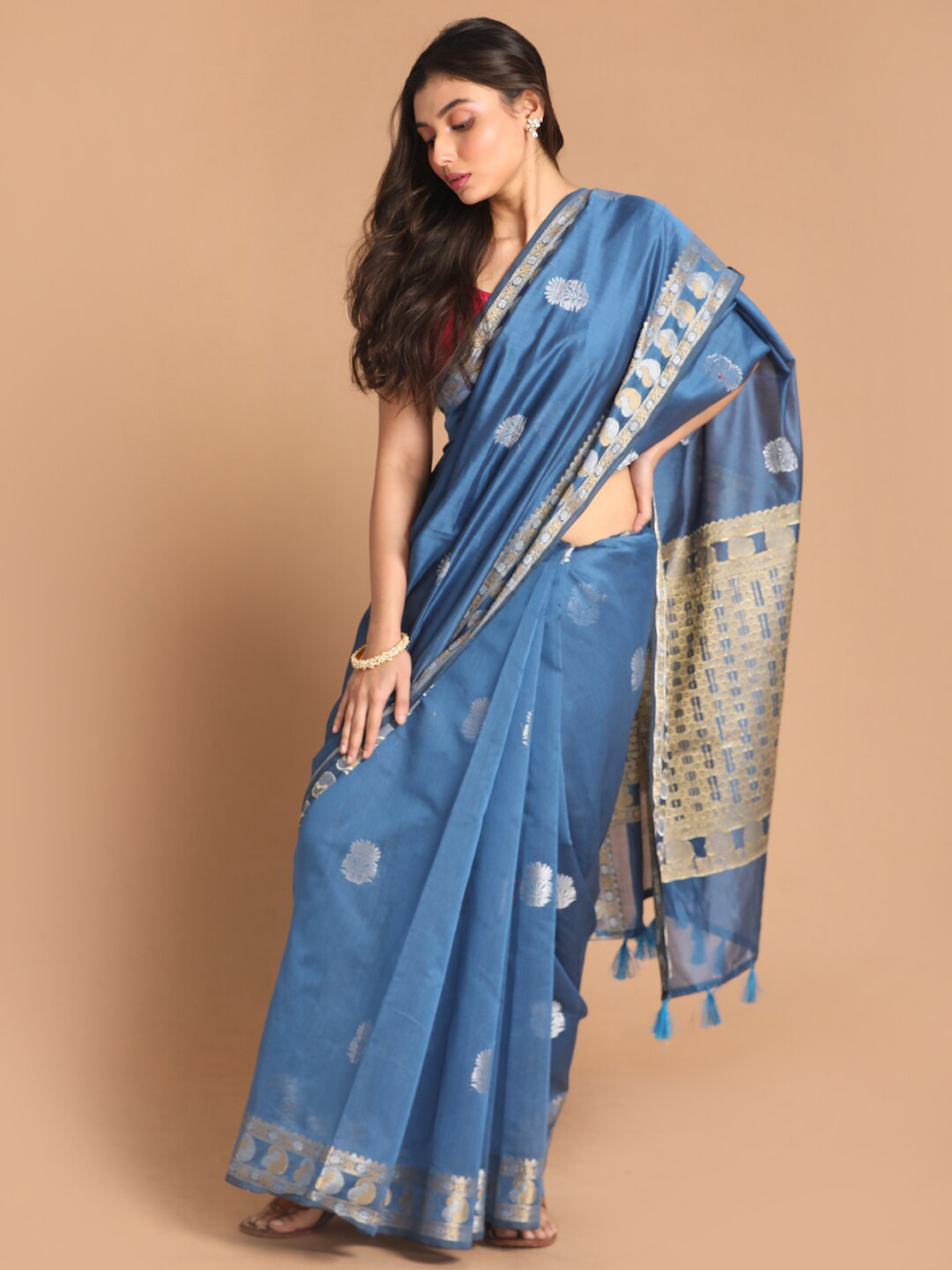 

Indethnic Blue & Gold-Toned Ethnic Motifs Zari Banarasi Saree