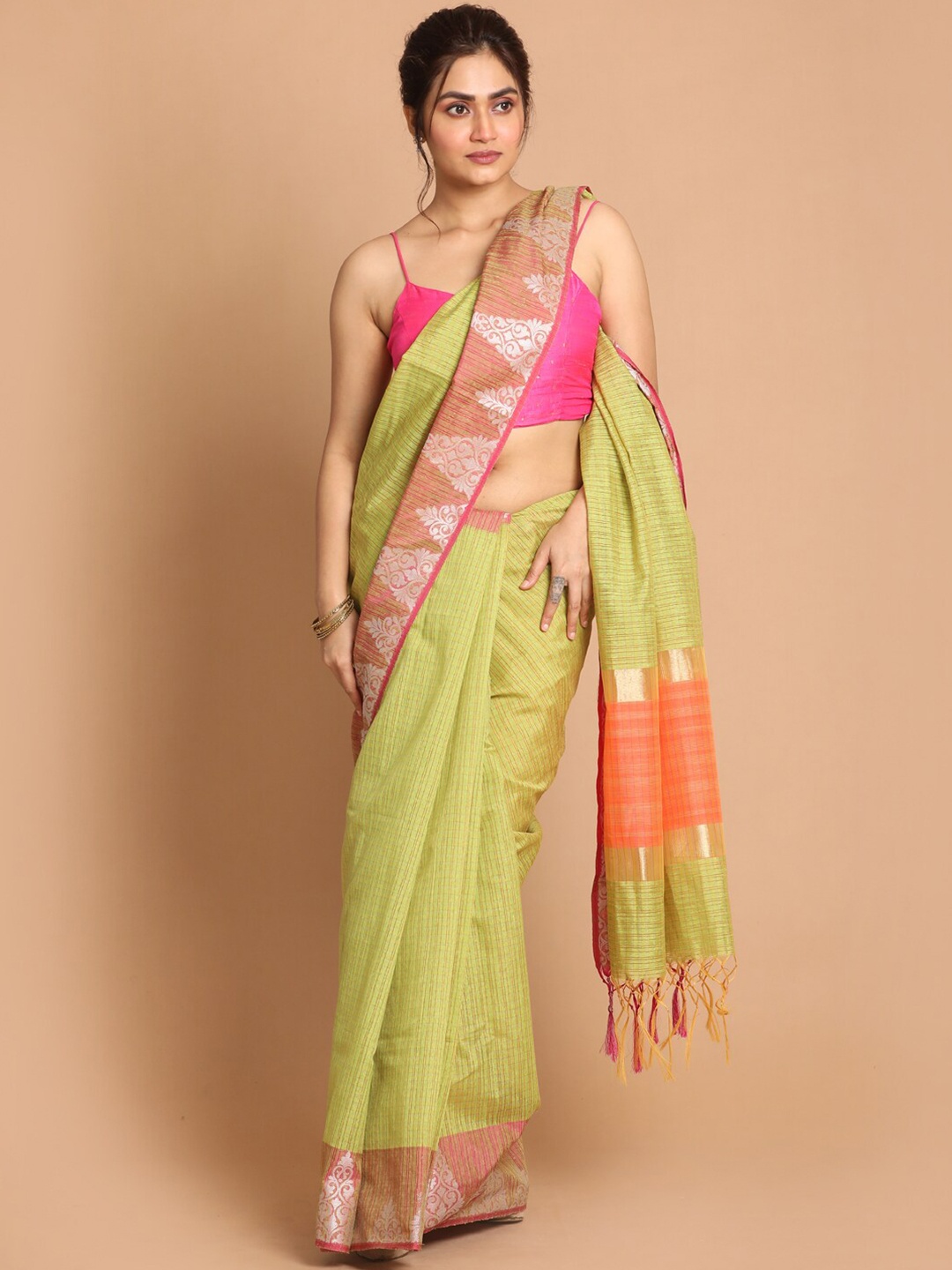 

Indethnic Green & Pink Woven Design Zari Banarasi Saree