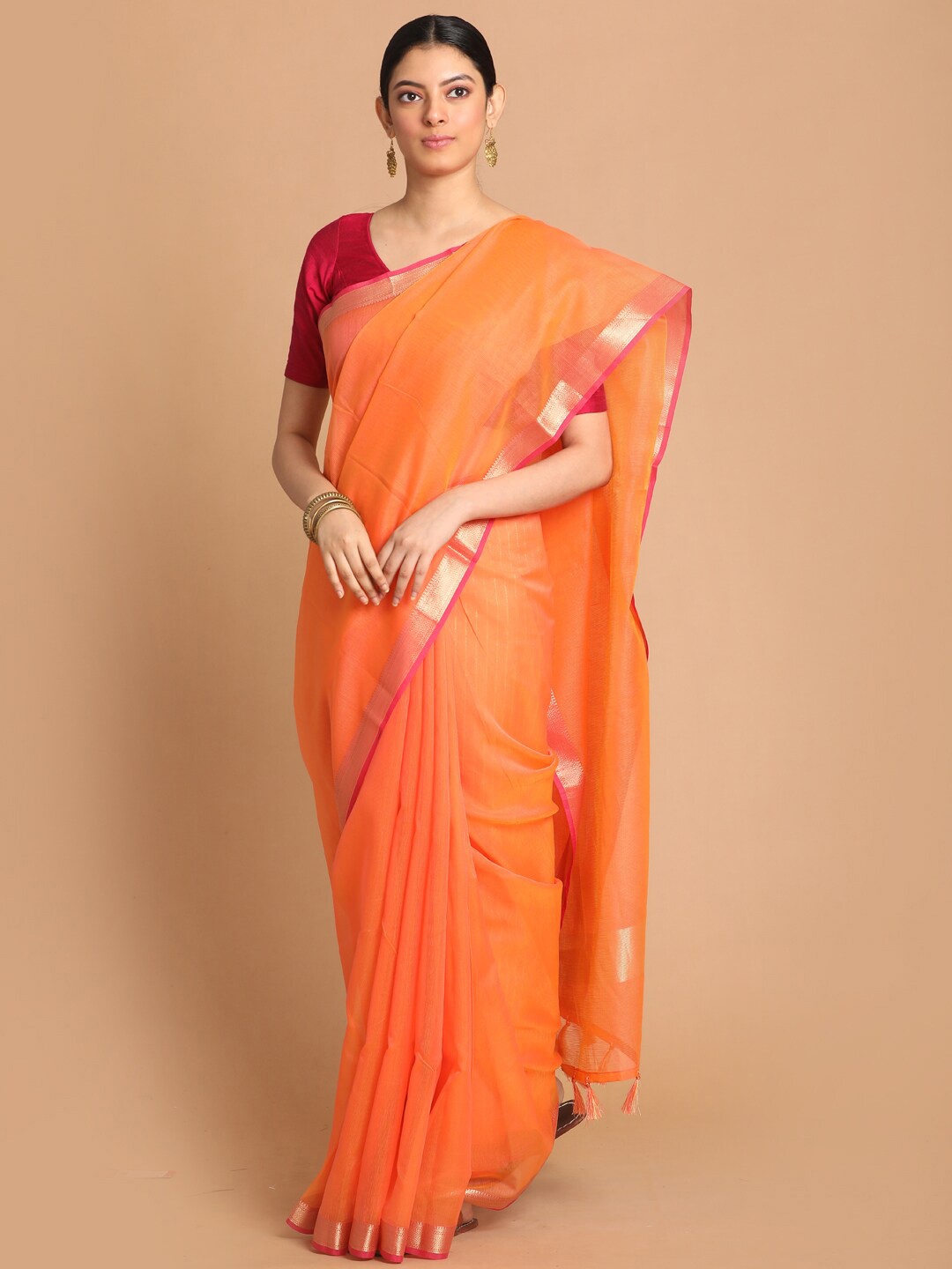 

Saranee Orange & Gold-Toned Solid Zari Banarasi Saree