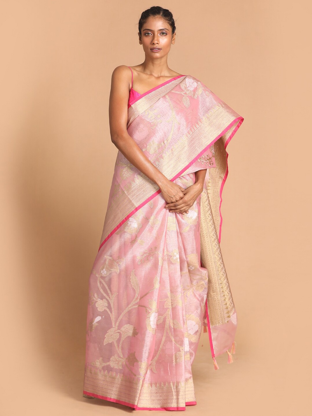 

Indethnic Pink & Cream-Coloured Floral Tissue Banarasi Saree