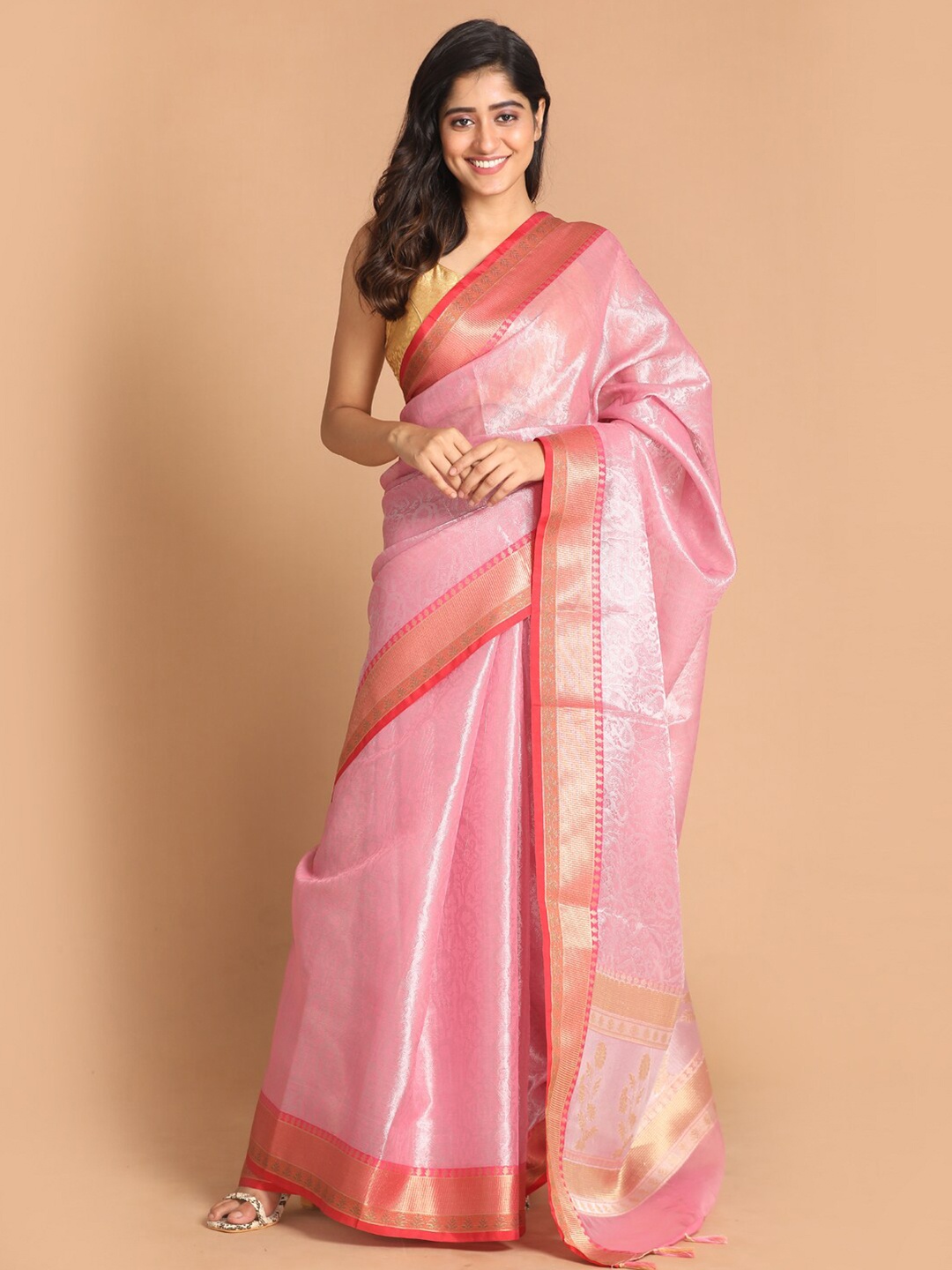 

Indethnic Pink & Gold-Toned Ethnic Motifs Zari Tissue Banarasi Saree