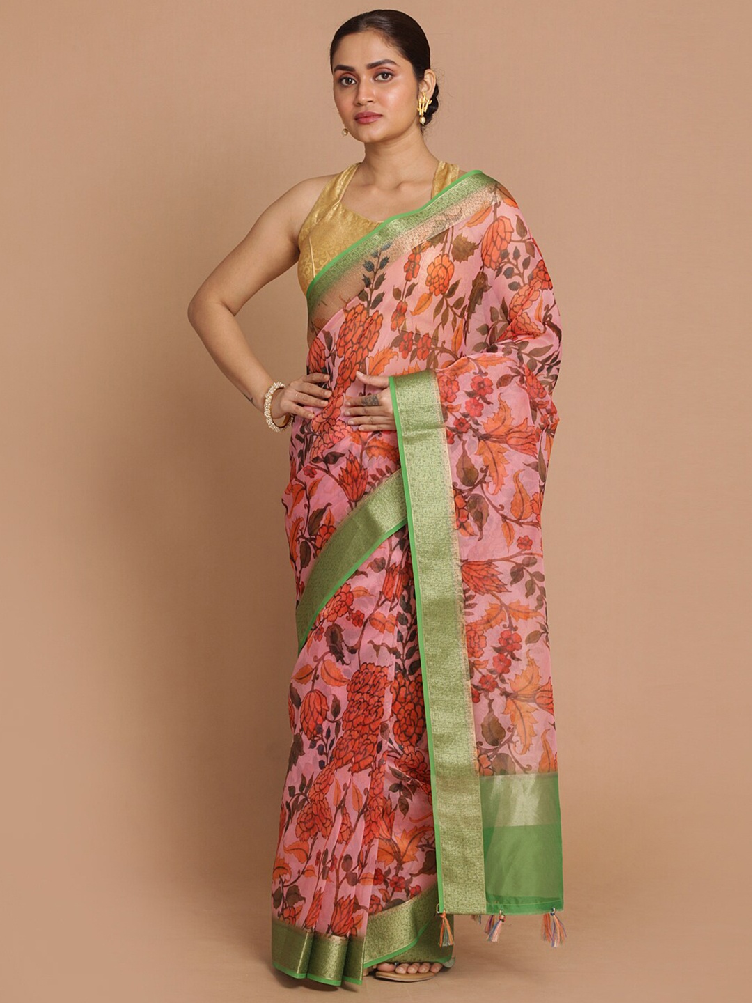 

Saranee Pink & Green Floral Zari Organza Banarasi Saree