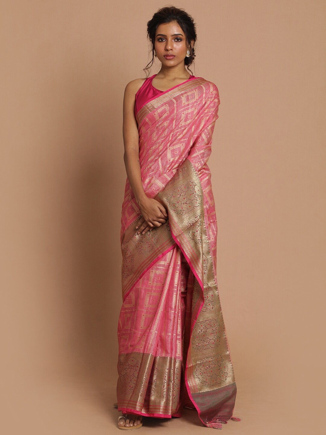 

Indethnic Fuchsia & Gold-Toned Ethnic Motifs Zari Banarasi Saree