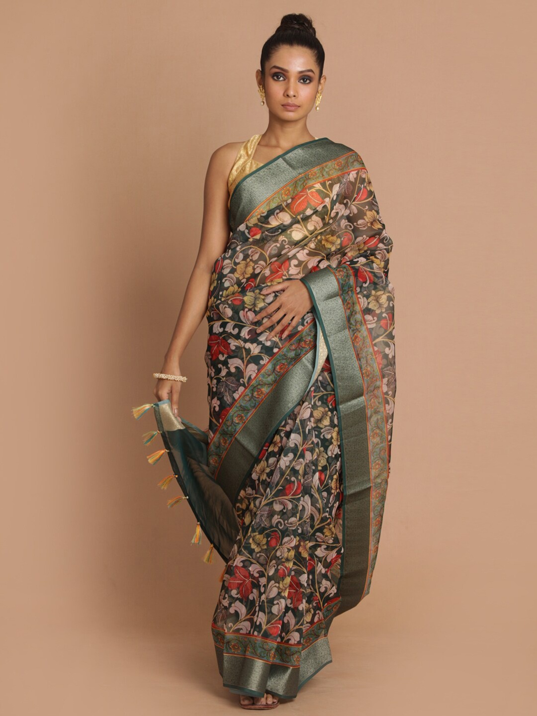 

Indethnic Green & Red Floral Printed Zari Organza Banarasi Saree