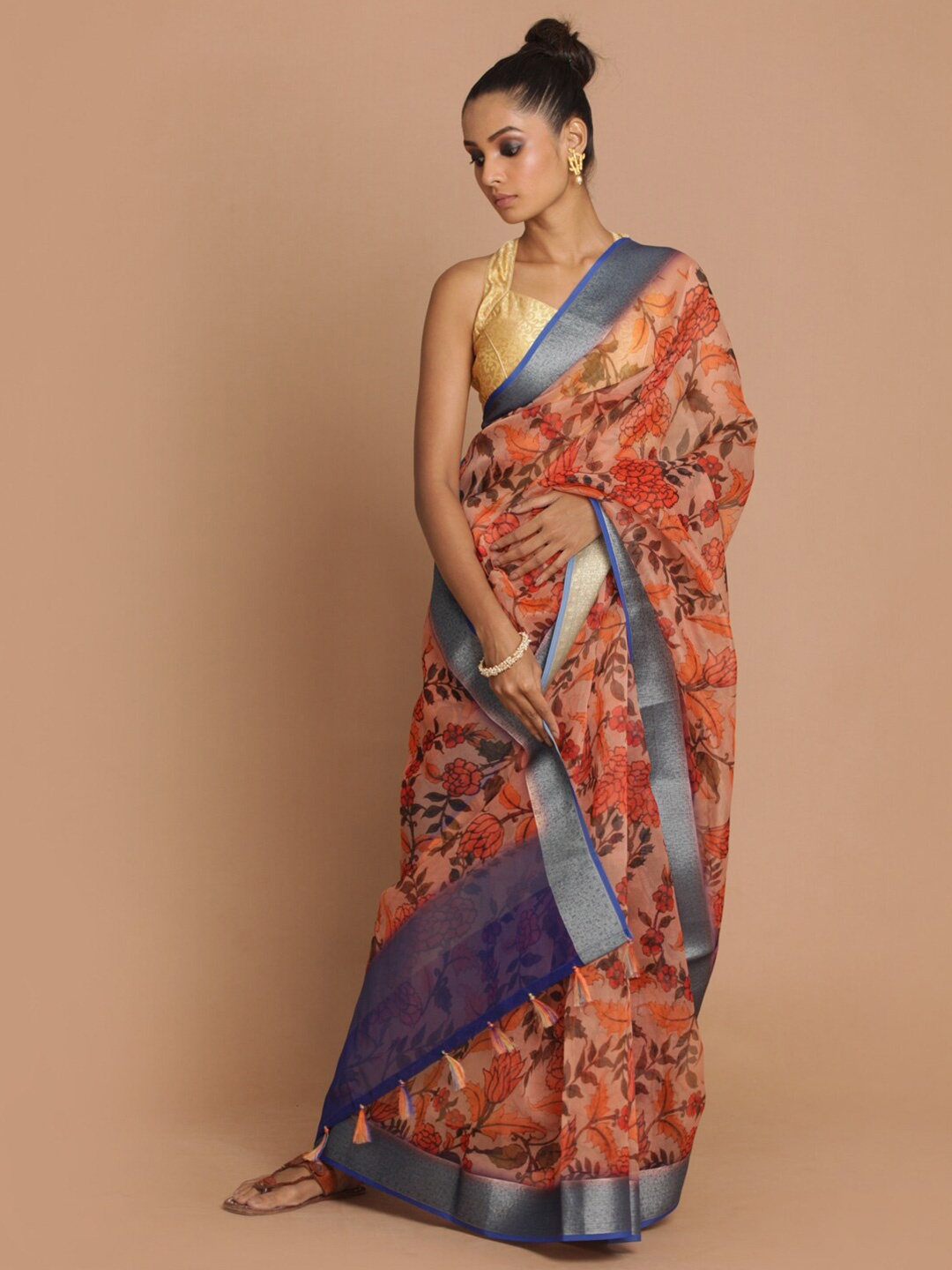 

Saranee Beige & Blue Floral Zari Organza Banarasi Saree