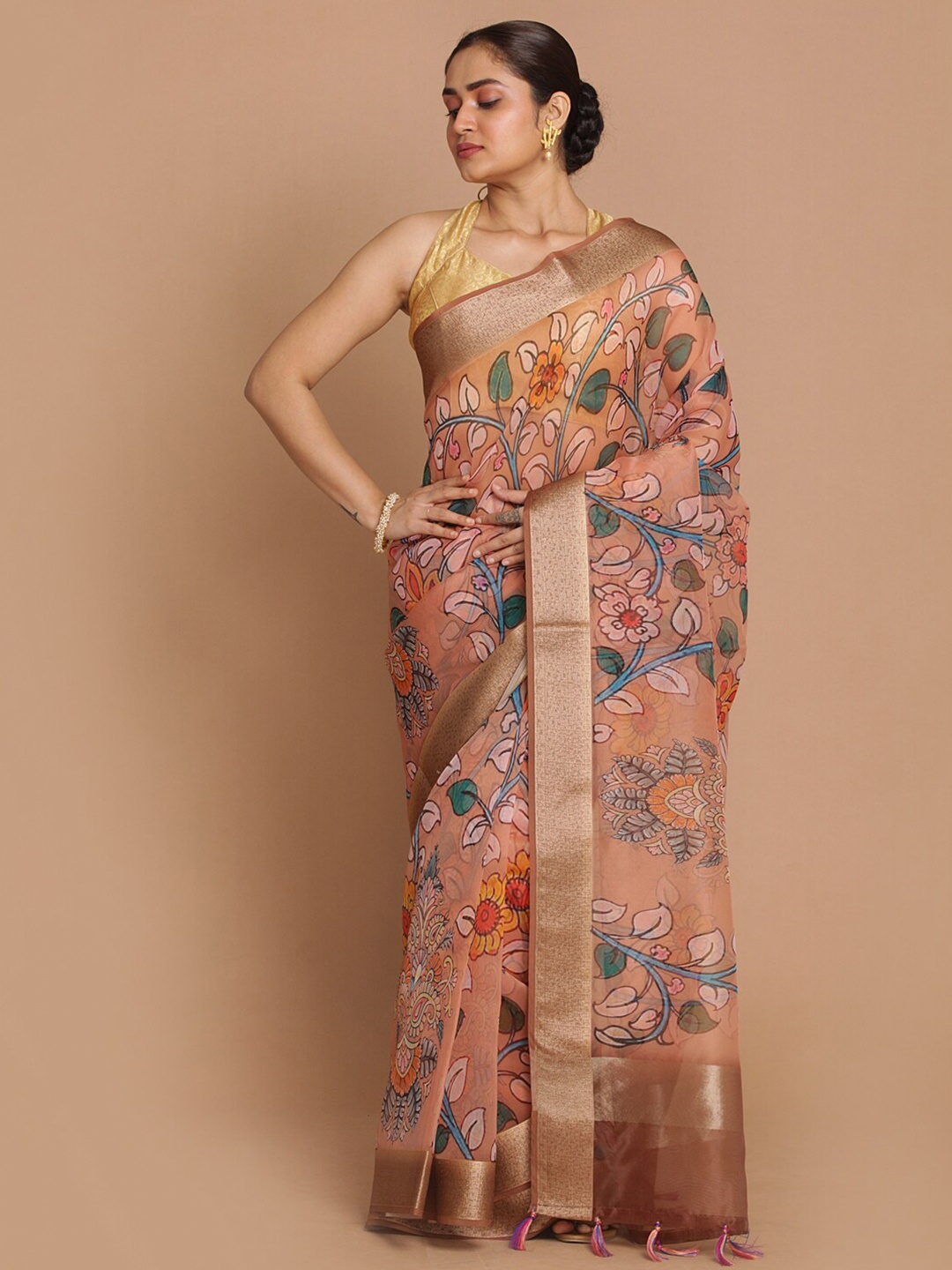 

Indethnic Beige & Green Floral Zari Organza Banarasi Saree