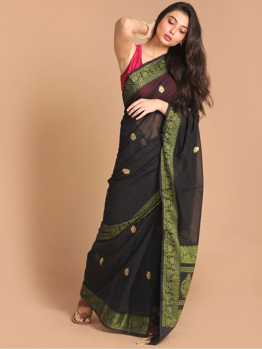 

Indethnic Black & Green Ethnic Motifs Banarasi Saree