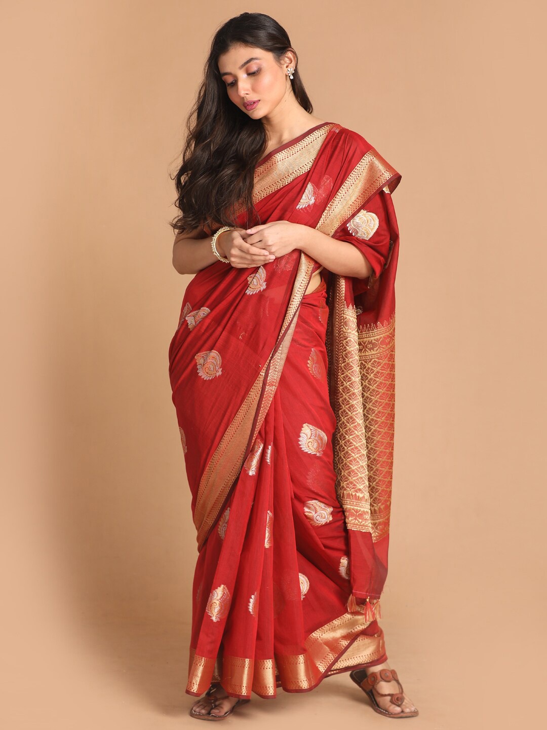 

Indethnic Red & Gold-Toned Ethnic Motifs Zari Banarasi Saree