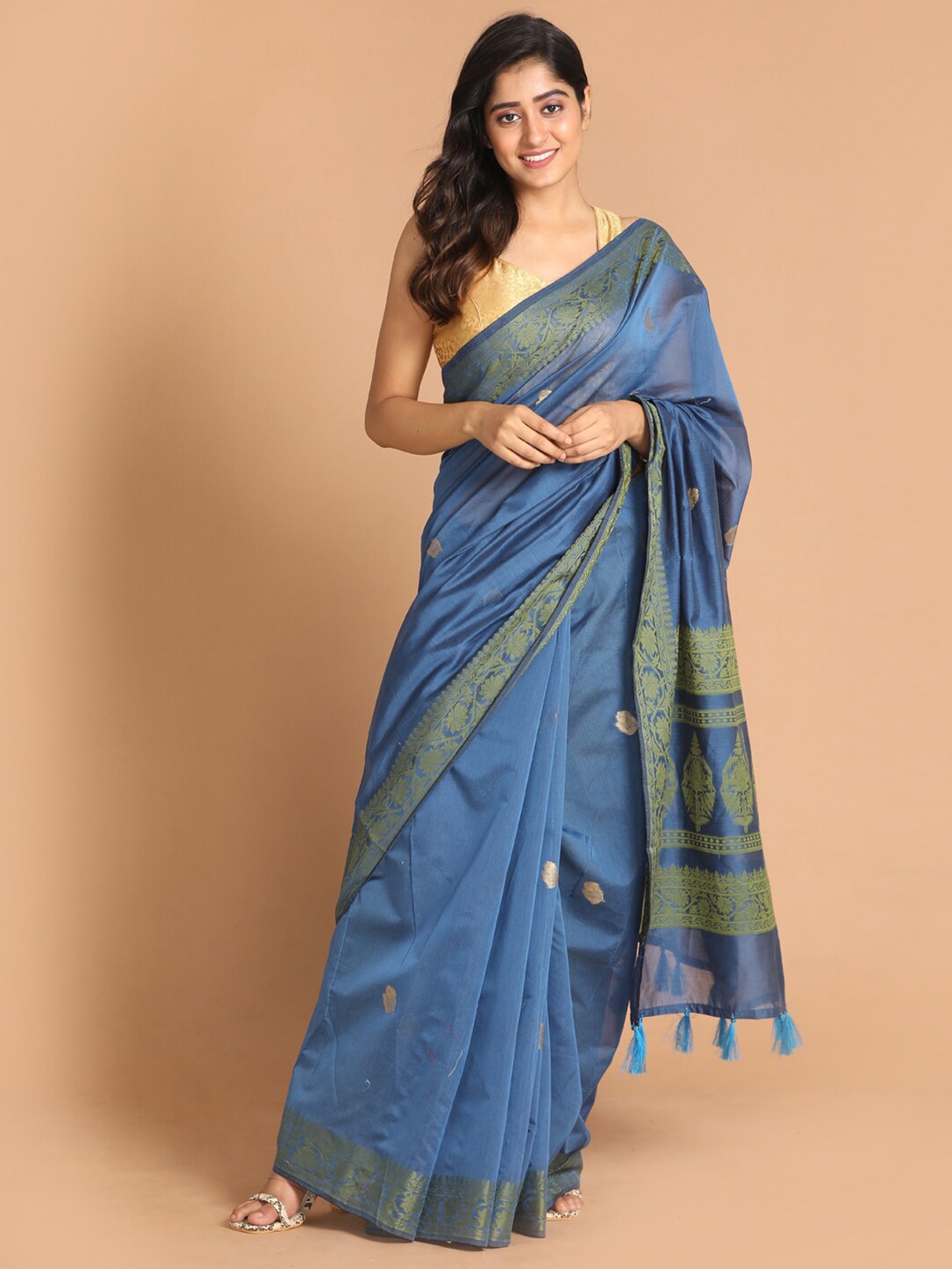 

Indethnic Blue & Green Ethnic Motifs Zari Banarasi Saree