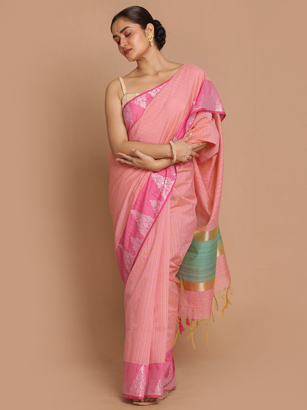 

Indethnic Pink & Silver-Toned Striped Zari Banarasi Saree