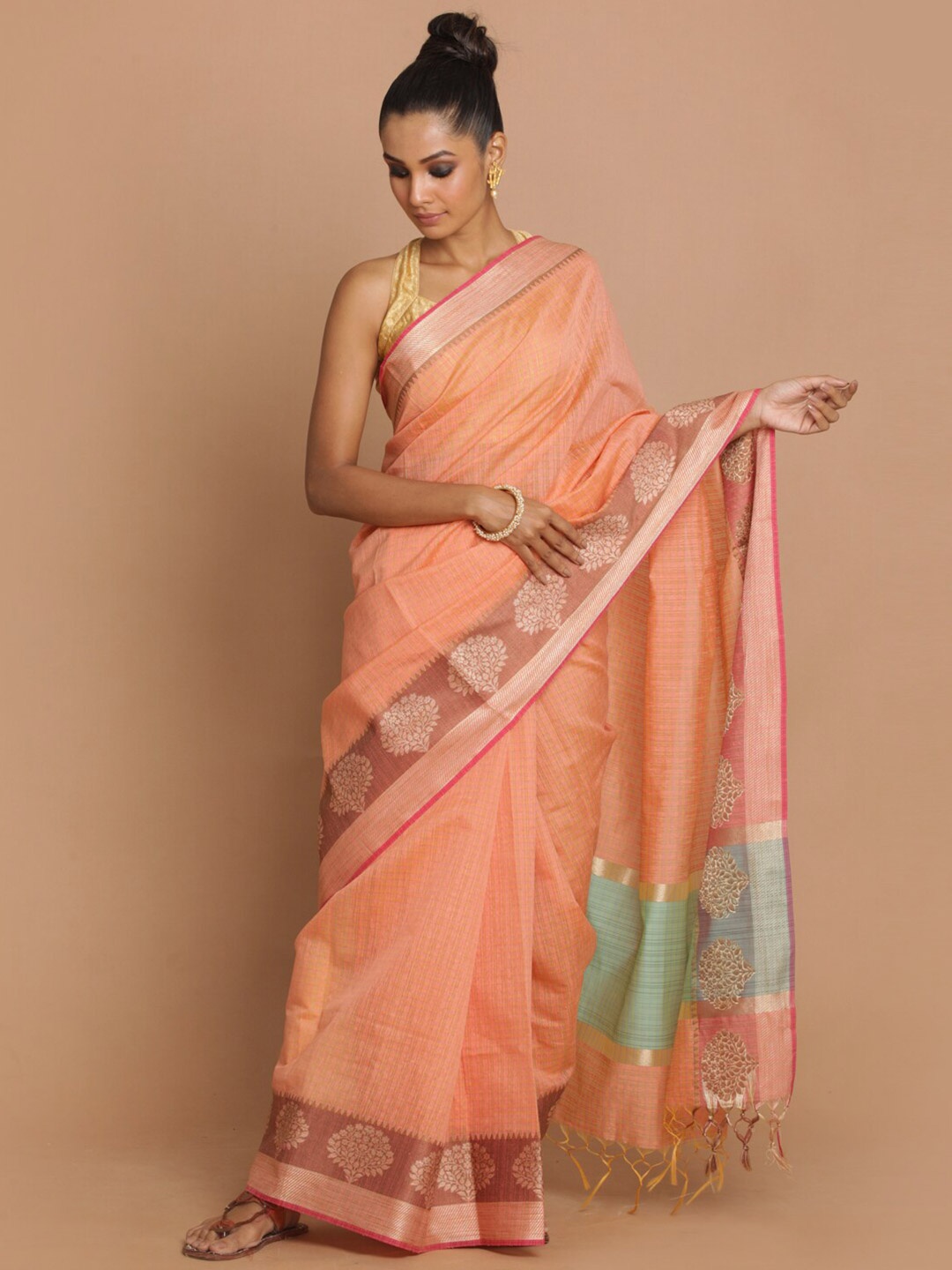 

Indethnic Peach-Coloured & Blue Floral Banarasi Saree