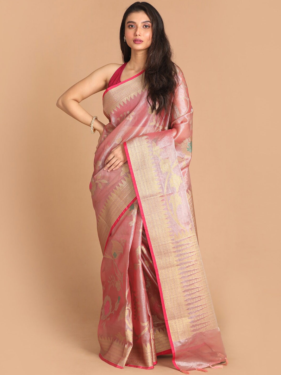 

Indethnic Women Coral Woven Design Banarasi Saree