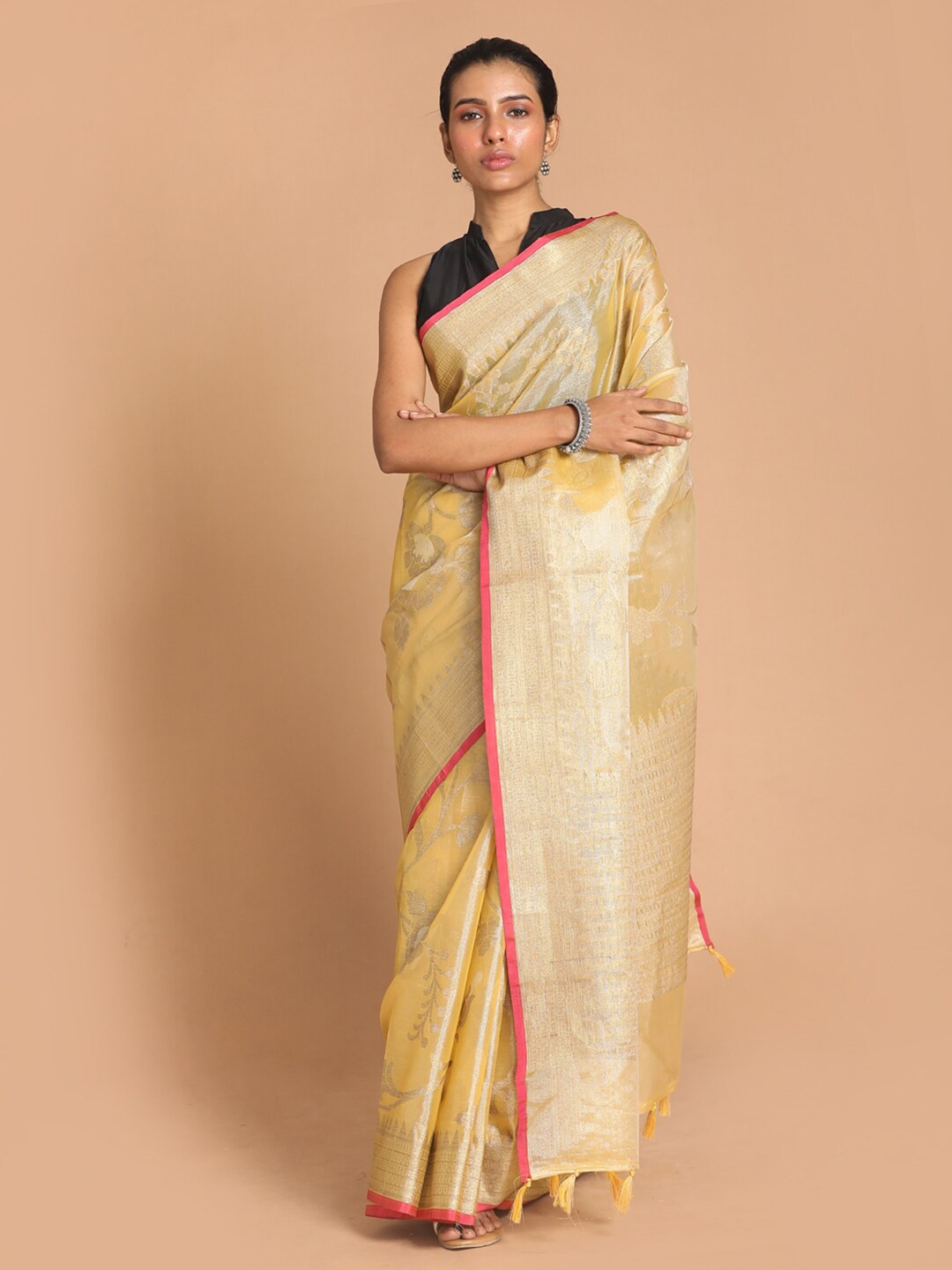 

Saranee Yellow & Pink Floral Zari Tissue Banarasi Saree