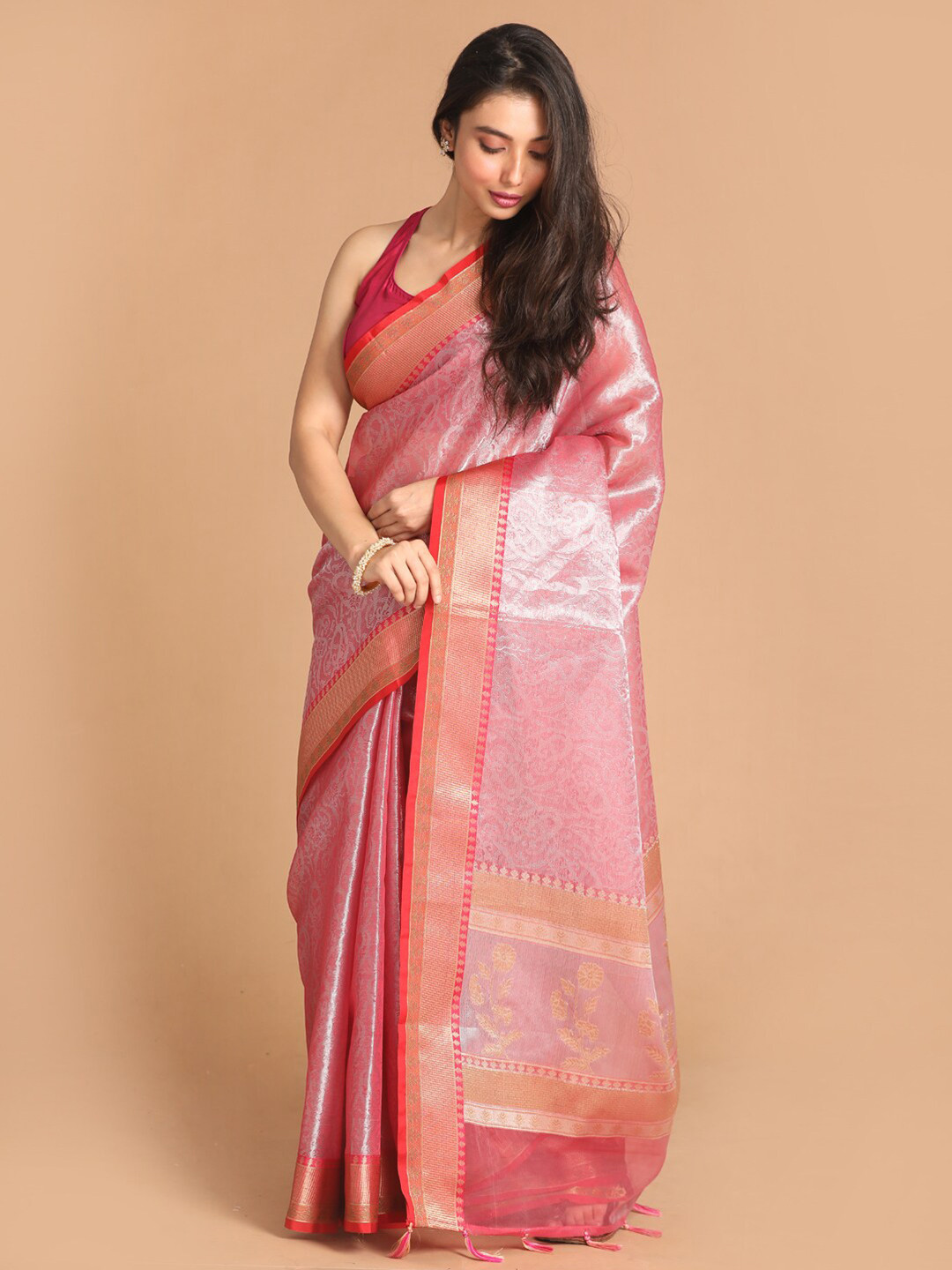 

Indethnic Red & Pink Woven Design Tissue Banarasi Saree