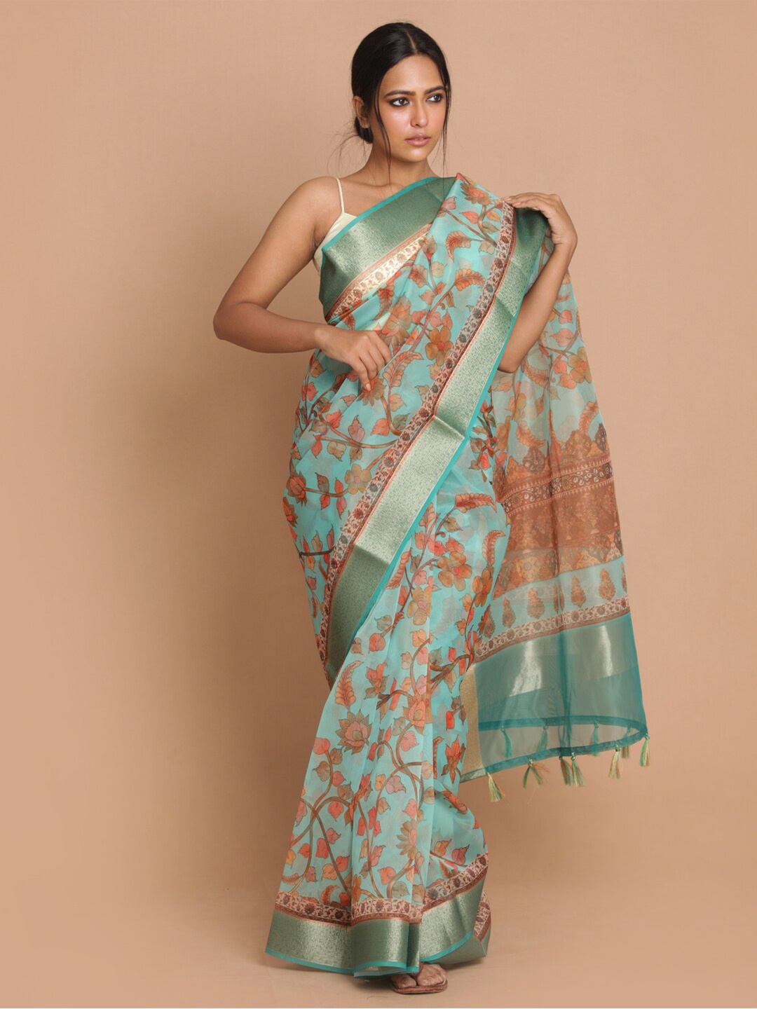 

Indethnic Green & Brown Floral Organza Banarasi Saree