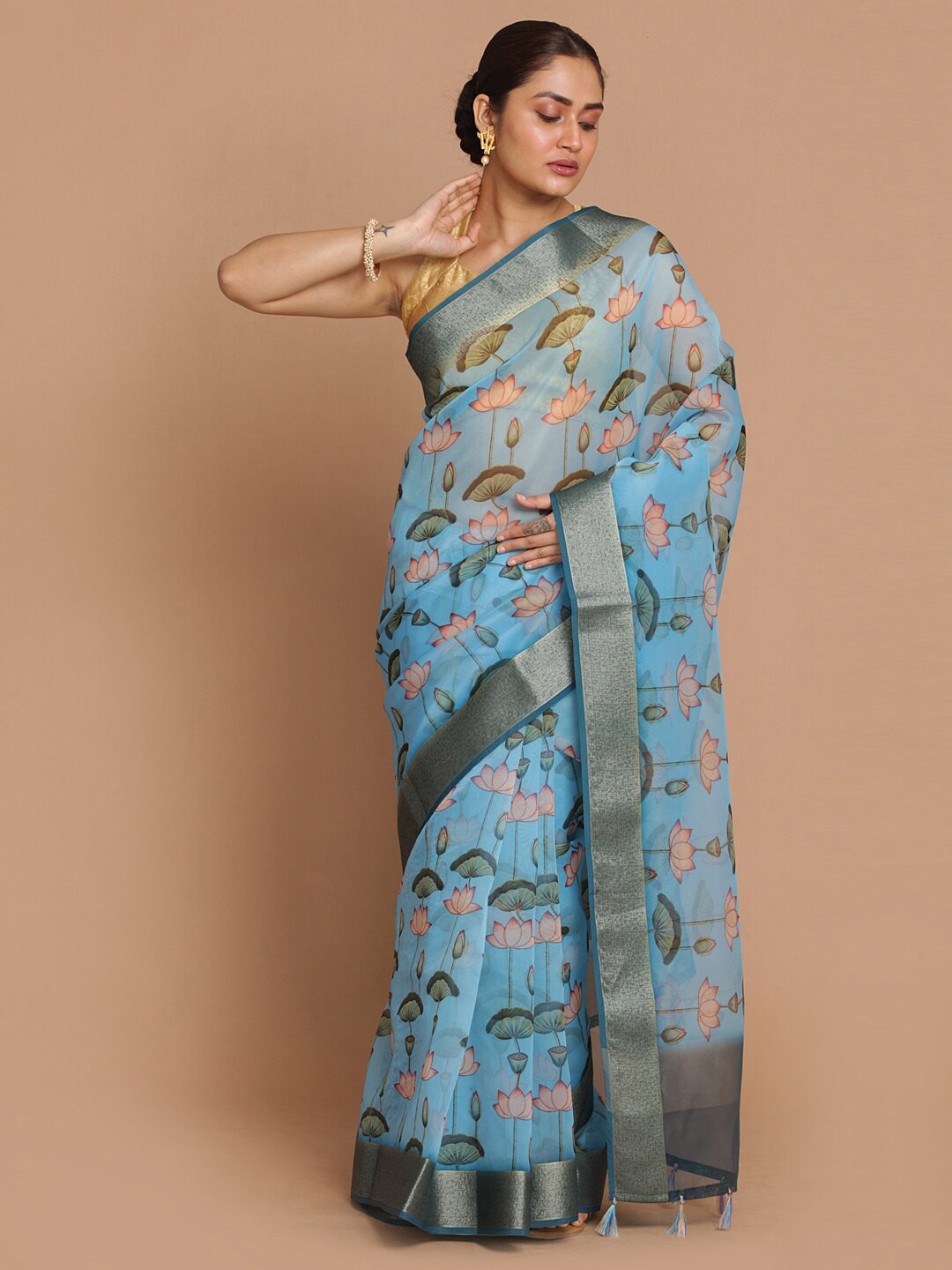 

Saranee Blue & Silver Floral Zari Organza Banarasi Saree