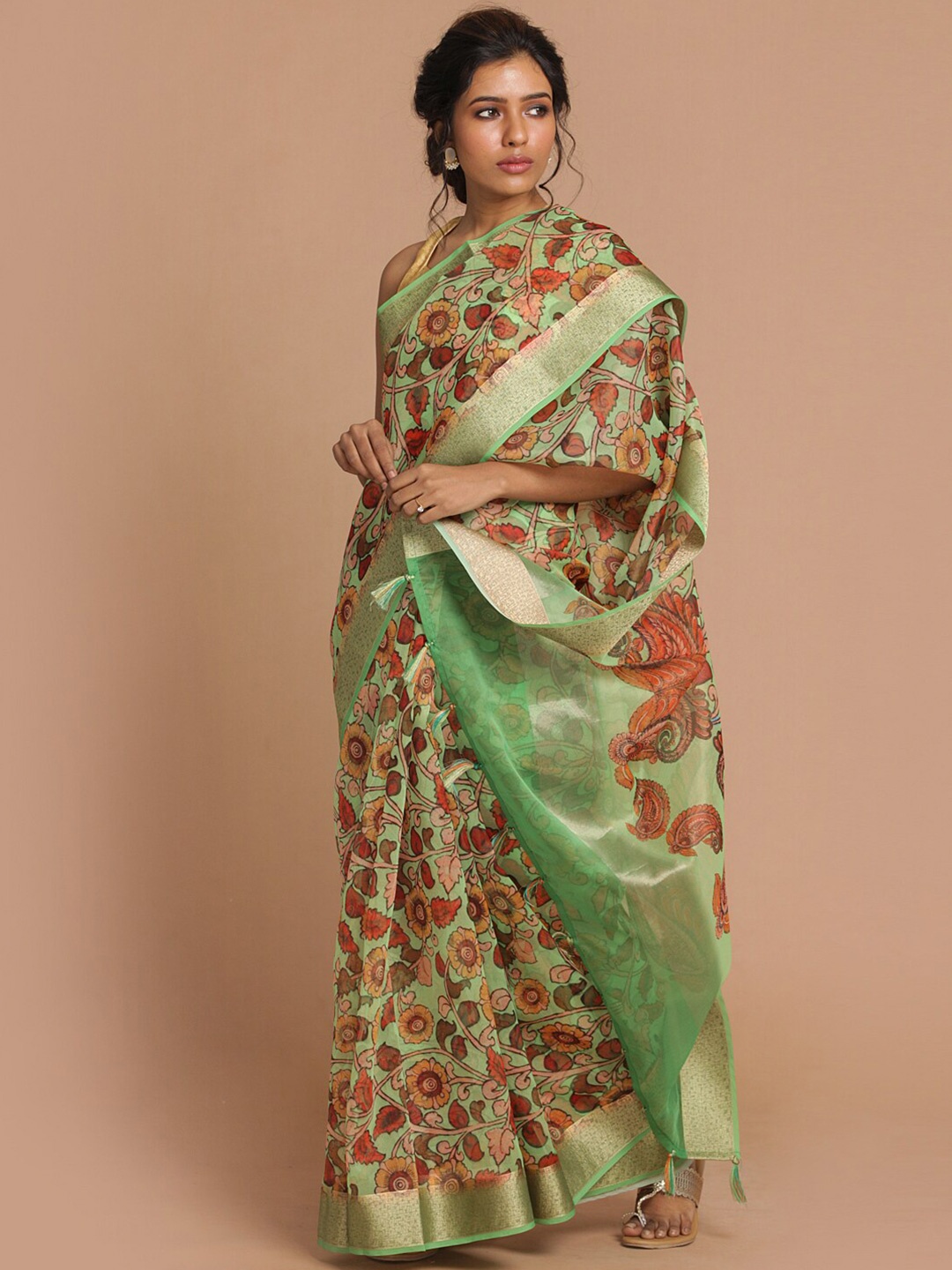 

Saranee Green & Red Floral Zari Organza Banarasi Saree