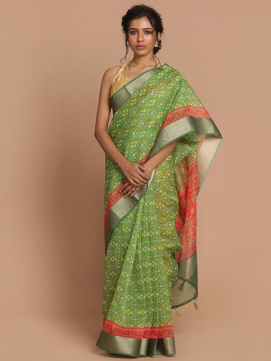 

Saranee Green & Pink Ajrak Organza Banarasi Saree