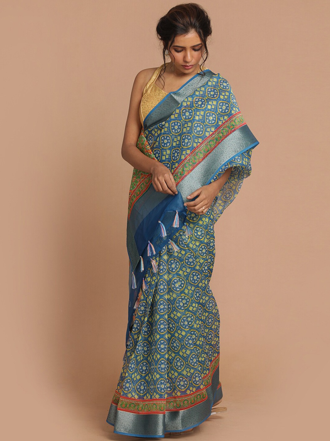 

Saranee Blue & Yellow Ethnic Motifs Zari Organza Banarasi Saree