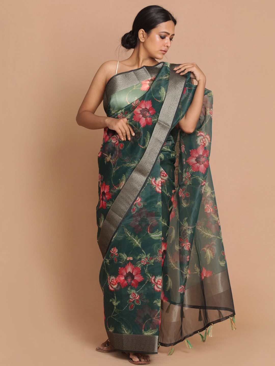 

Indethnic Green & Pink Floral Zari Organza Banarasi Saree