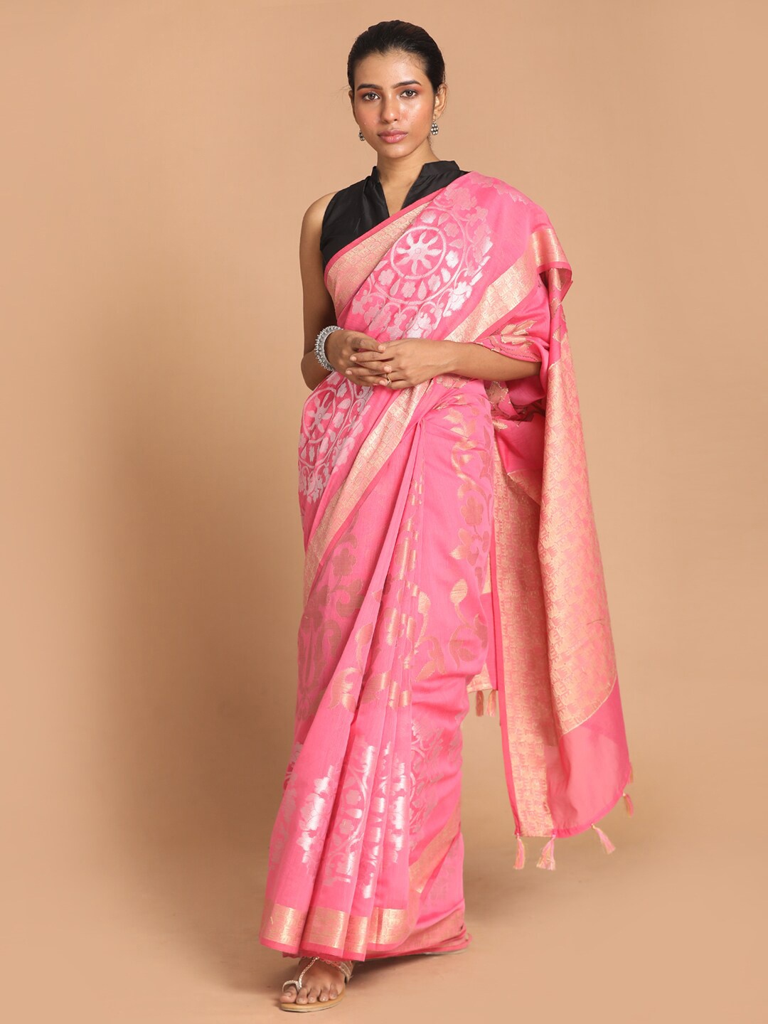 

Indethnic Pink & Silver-Toned Ethnic Motifs Zari Banarasi Saree