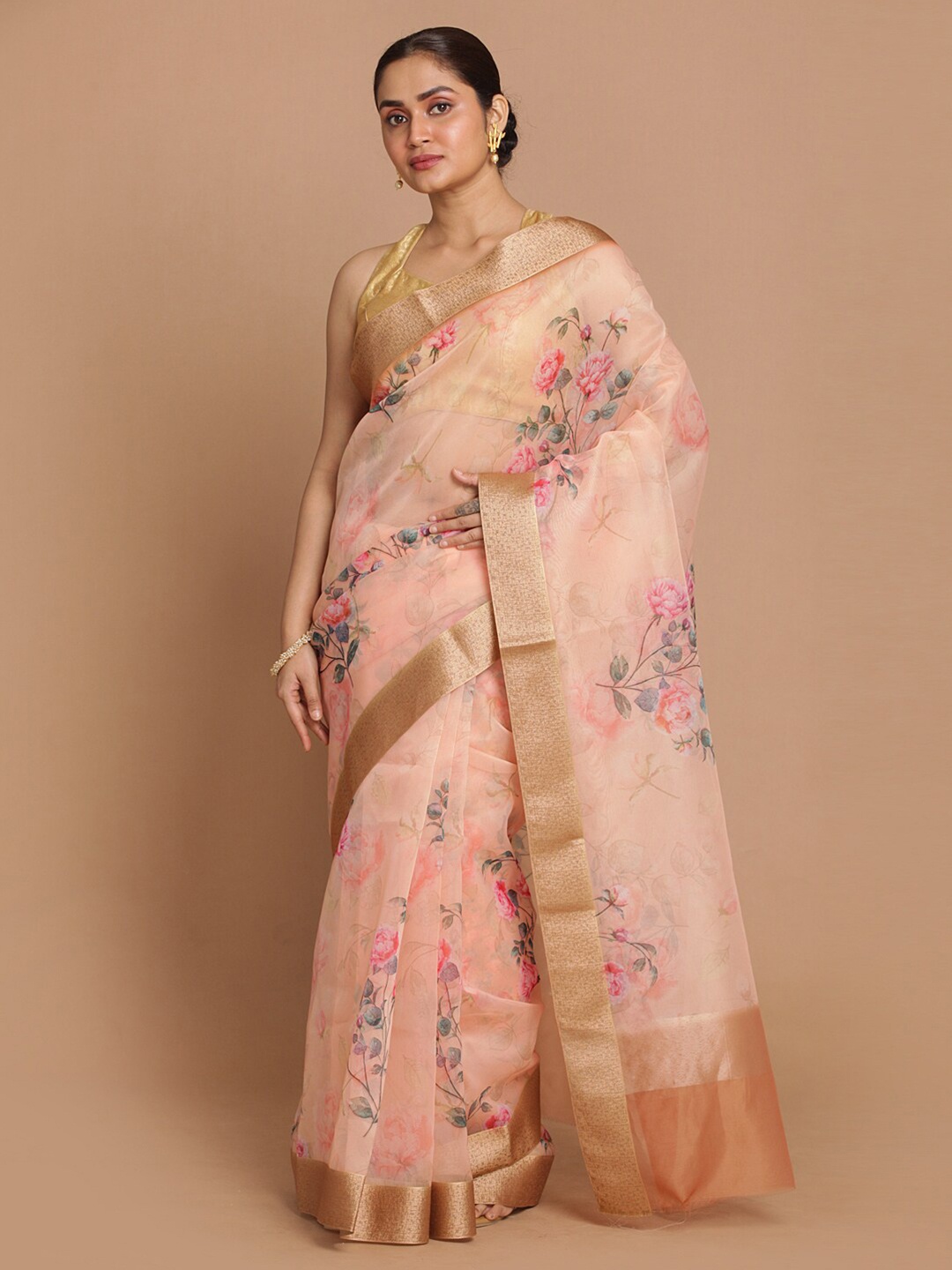 

Indethnic Peach-Coloured & Pink Floral Zari Organza Banarasi Saree