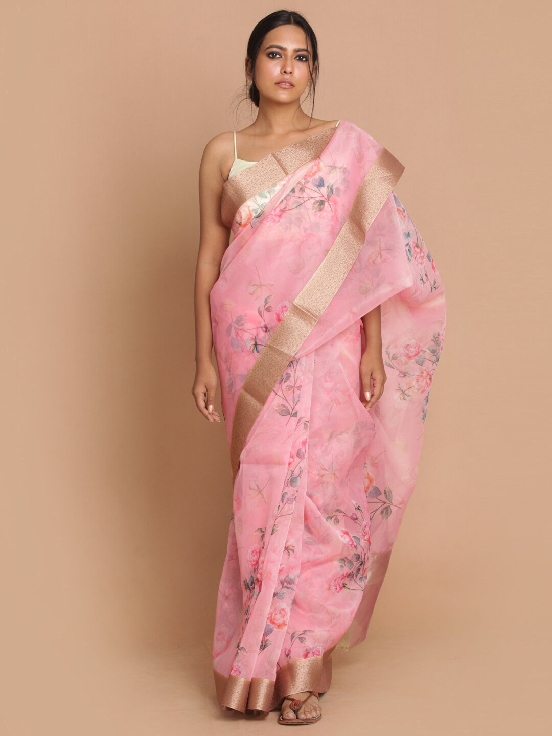 

Indethnic Pink & Blue Floral Zari Organza Banarasi Saree