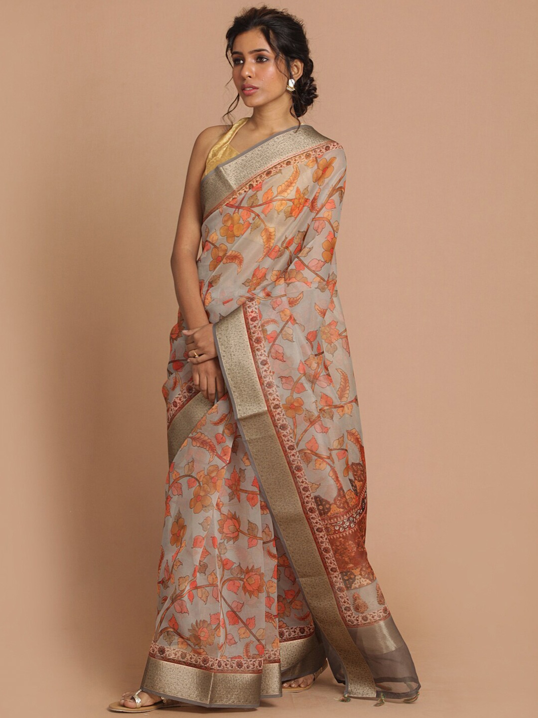 

Indethnic Grey & Orange Floral Zari Organza Banarasi Saree