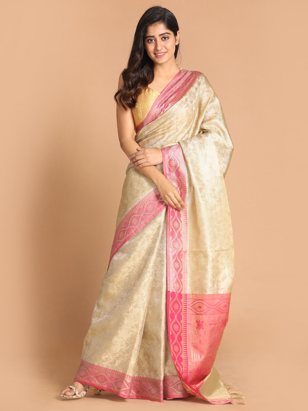 

Indethnic Beige & Pink Ethnic Motifs Zari Banarasi Saree