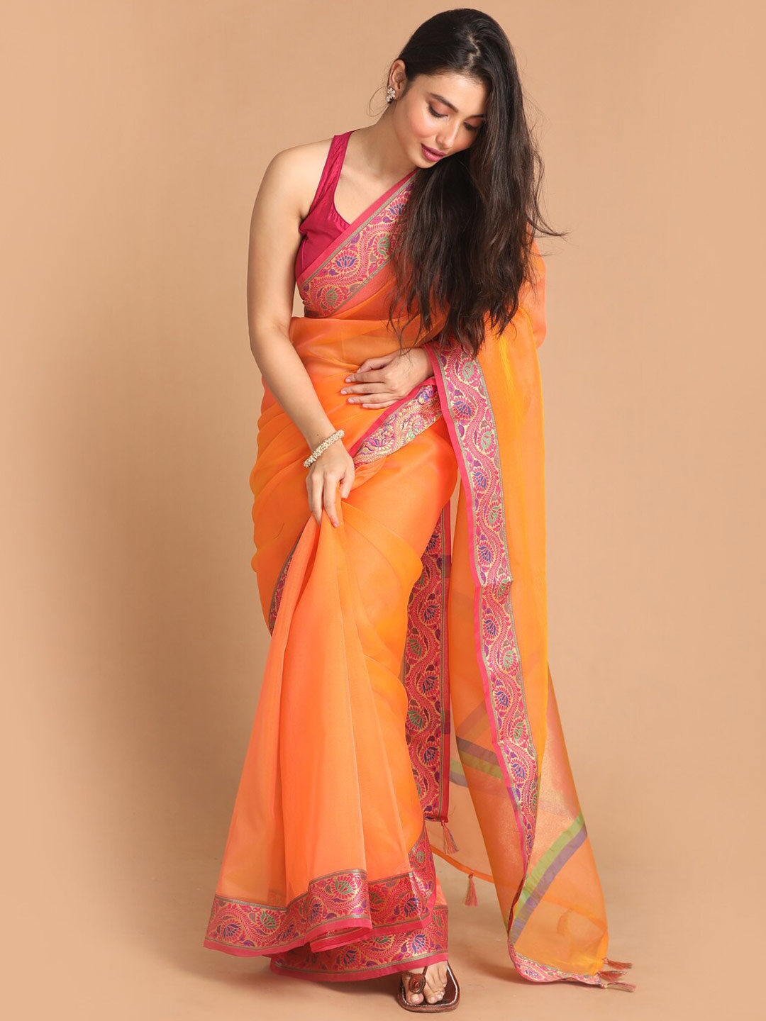 

Saranee Orange & Pink Tissue Banarasi Saree