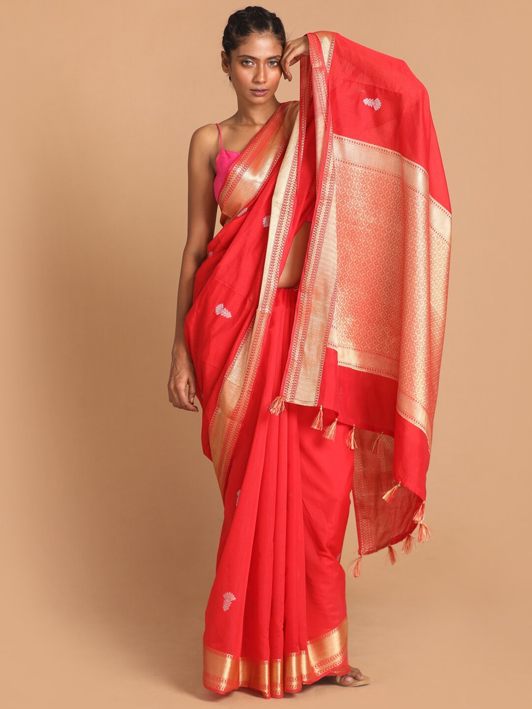 

Indethnic Red & Gold-Toned Floral Zari Banarasi Saree