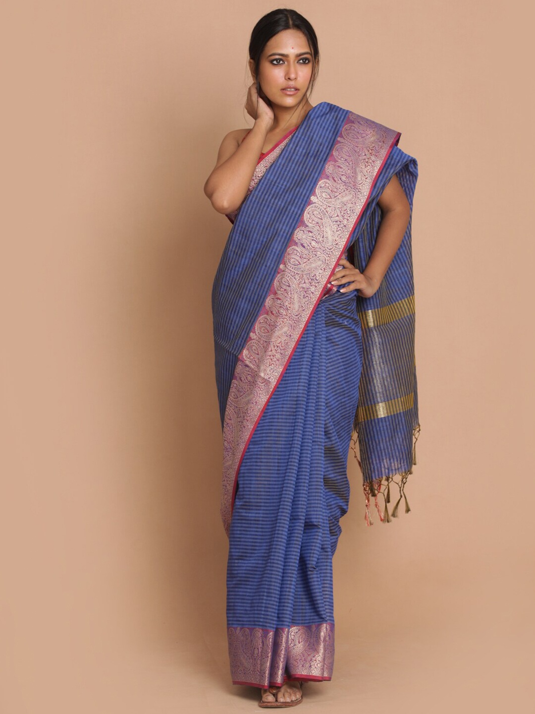 

Indethnic Navy Blue & Silver-Toned Ethnic Motifs Zari Banarasi Saree