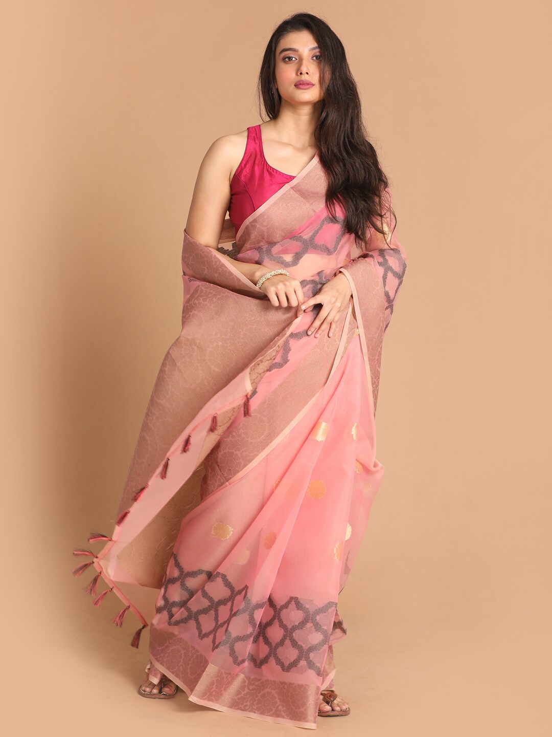 

Indethnic Coral & Gold-Toned Ethnic Motifs Zari Organza Banarasi Saree