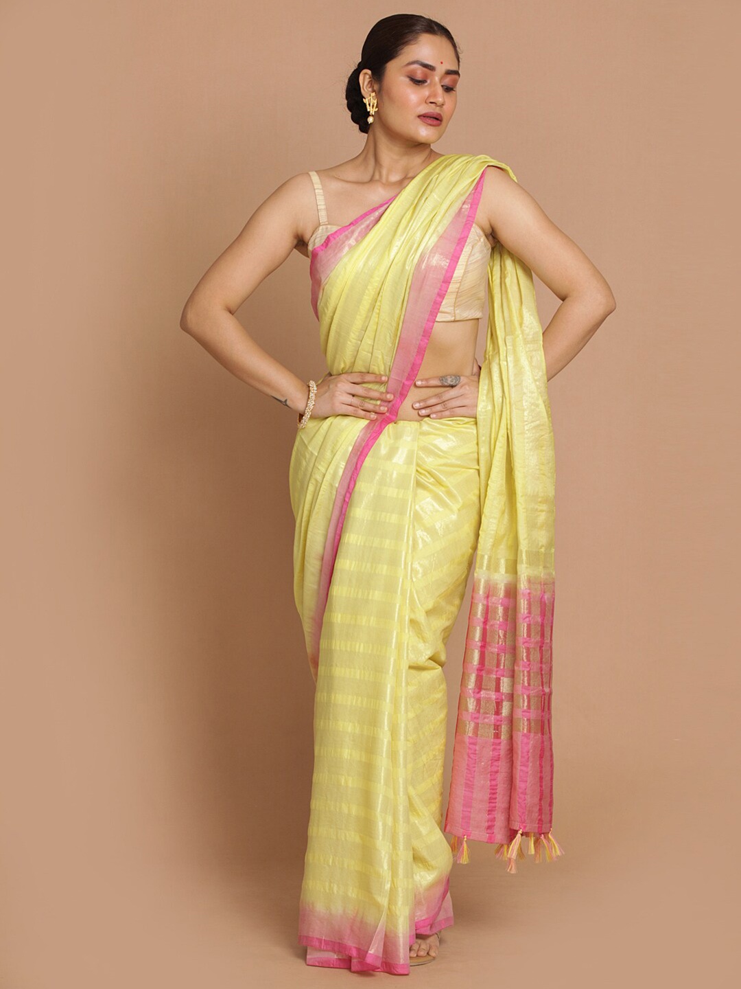 

Indethnic Yellow Checked Zari Banarasi Saree