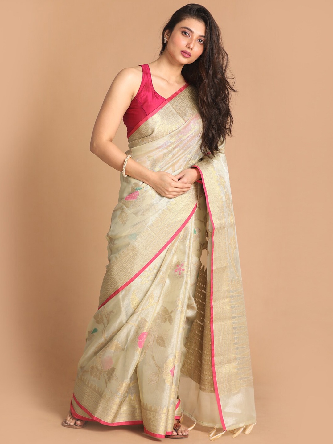 

Indethnic Beige & Pink Floral Tissue Banarasi Saree