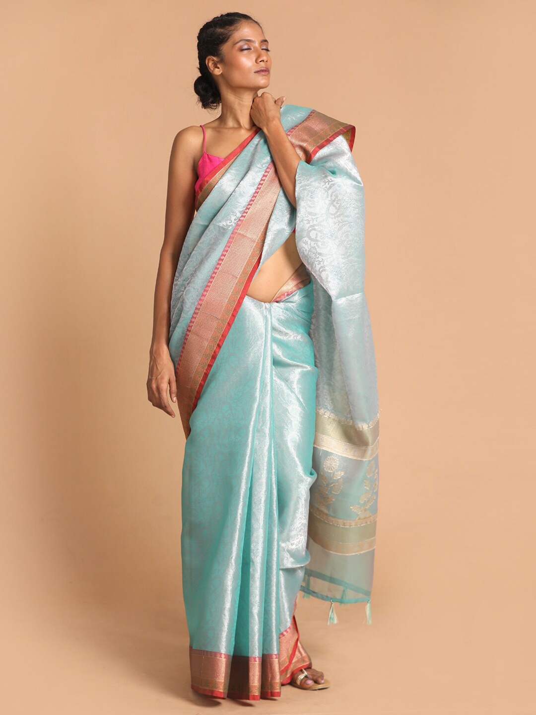 

Indethnic Blue & Magenta Woven Design Zari Tissue Banarasi Saree