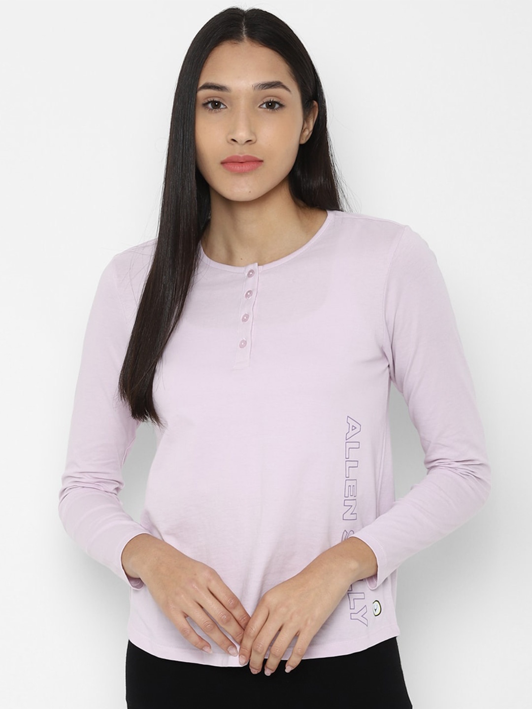 

Allen Solly Woman Women Purple Brand Logo Printed Pure Cotton Henley Neck T-shirt