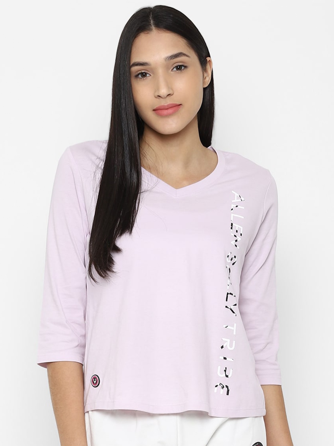 

Allen Solly Woman Purple & White Typography Printed V-Neck Pure Cotton T-shirt