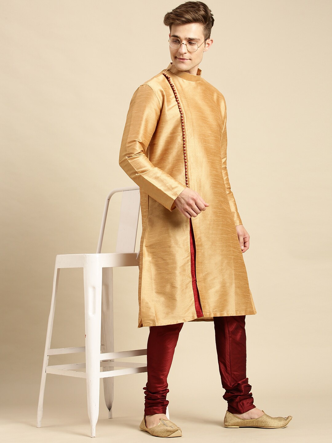 

Sanwara Men Beige Solid Angrakha Kurta with Churidar