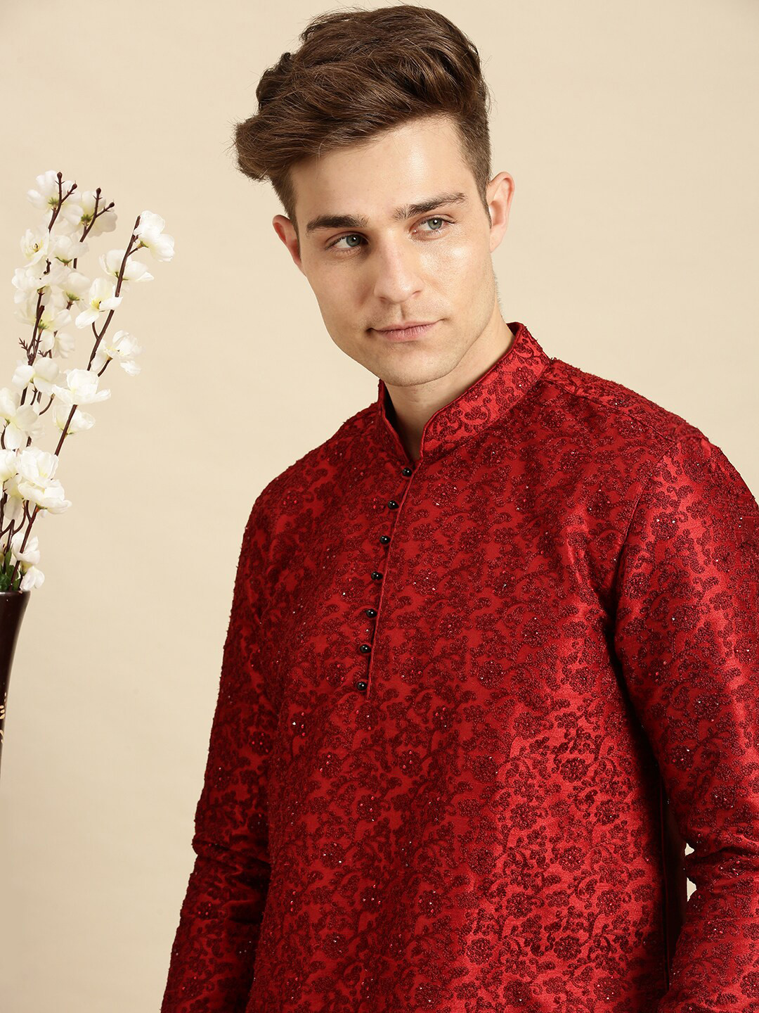 

Sanwara Men Red Embroidered Kurta with Pyjamas