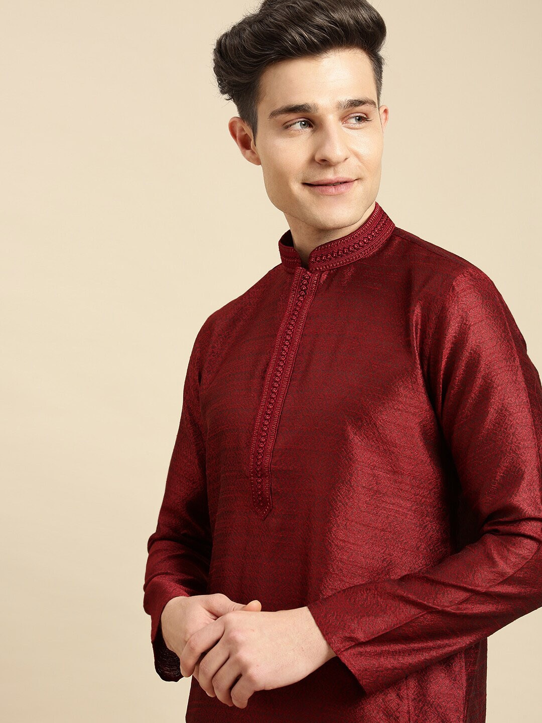 

Sanwara Men Maroon Woven Design Kurta with Churidar