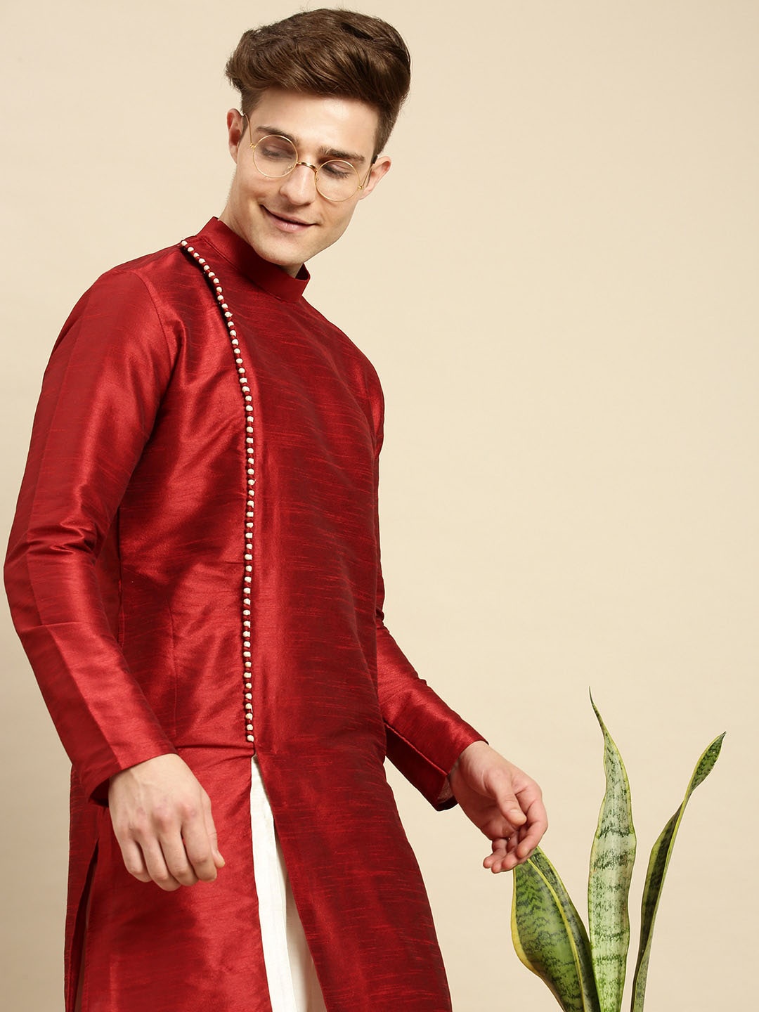 Sanwara Men Red Angrakha Kurta with Dhoti Pants