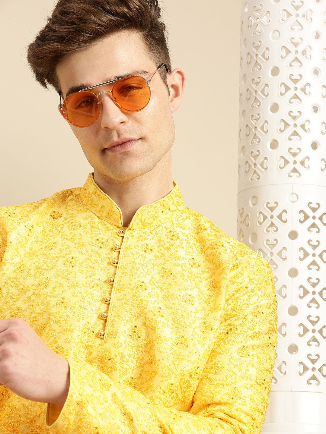 

Sanwara Men Yellow & Beige Floral Embroidered Kurta with Pyjamas