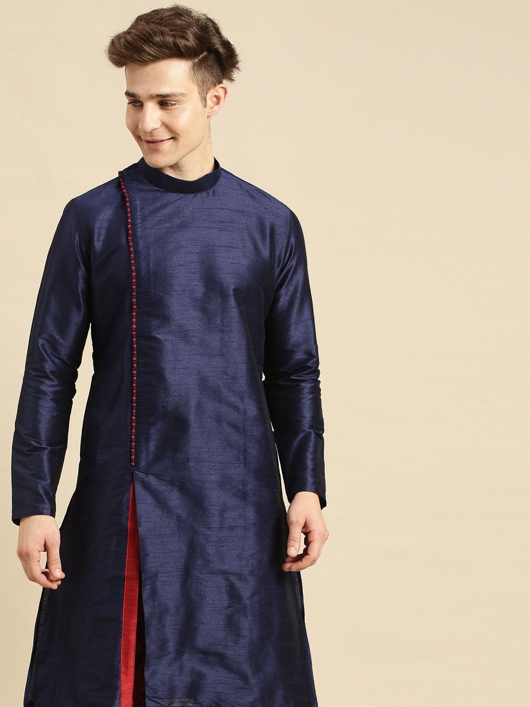 

Sanwara Men Navy Blue Solid Angrakha Art Silk Kurta with Churidar