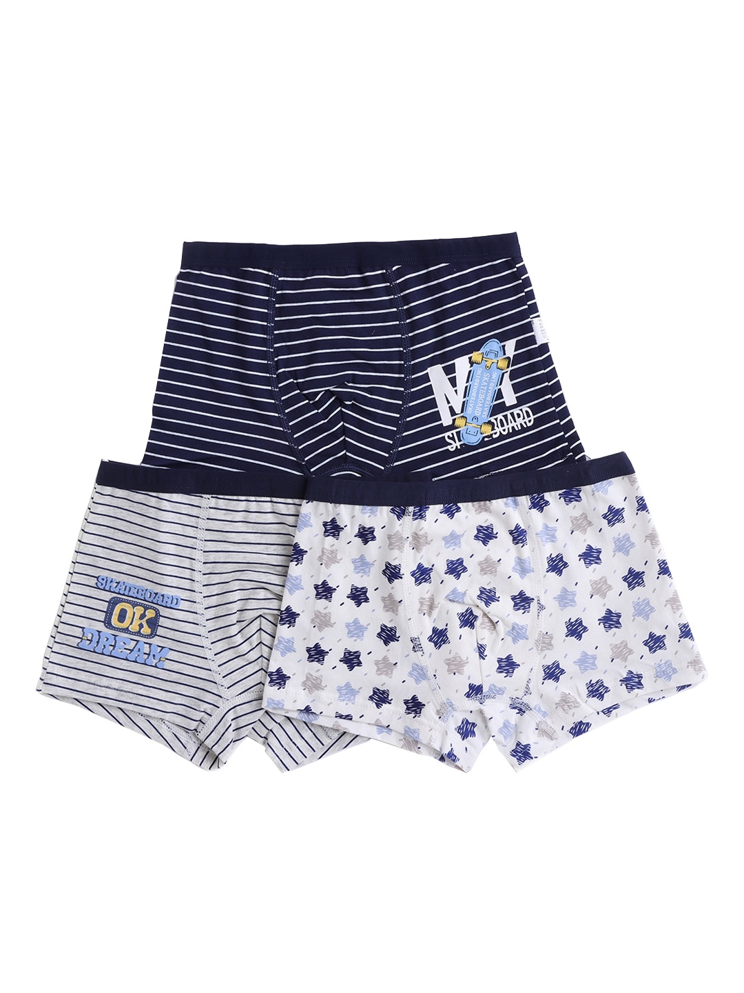 

Hopscotch Boys Pack Of 3 White & Nay Blue Printed Boy Shorts