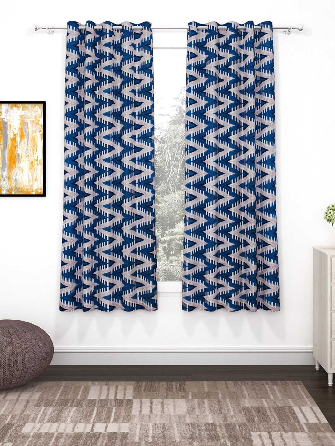 

Bedspun Blue & White Set of 2 Geometric Window Curtain